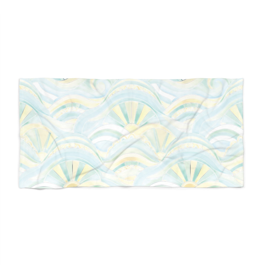 Sunrise Waves Beach Towel — Pastel Watercolor Coastal Pattern