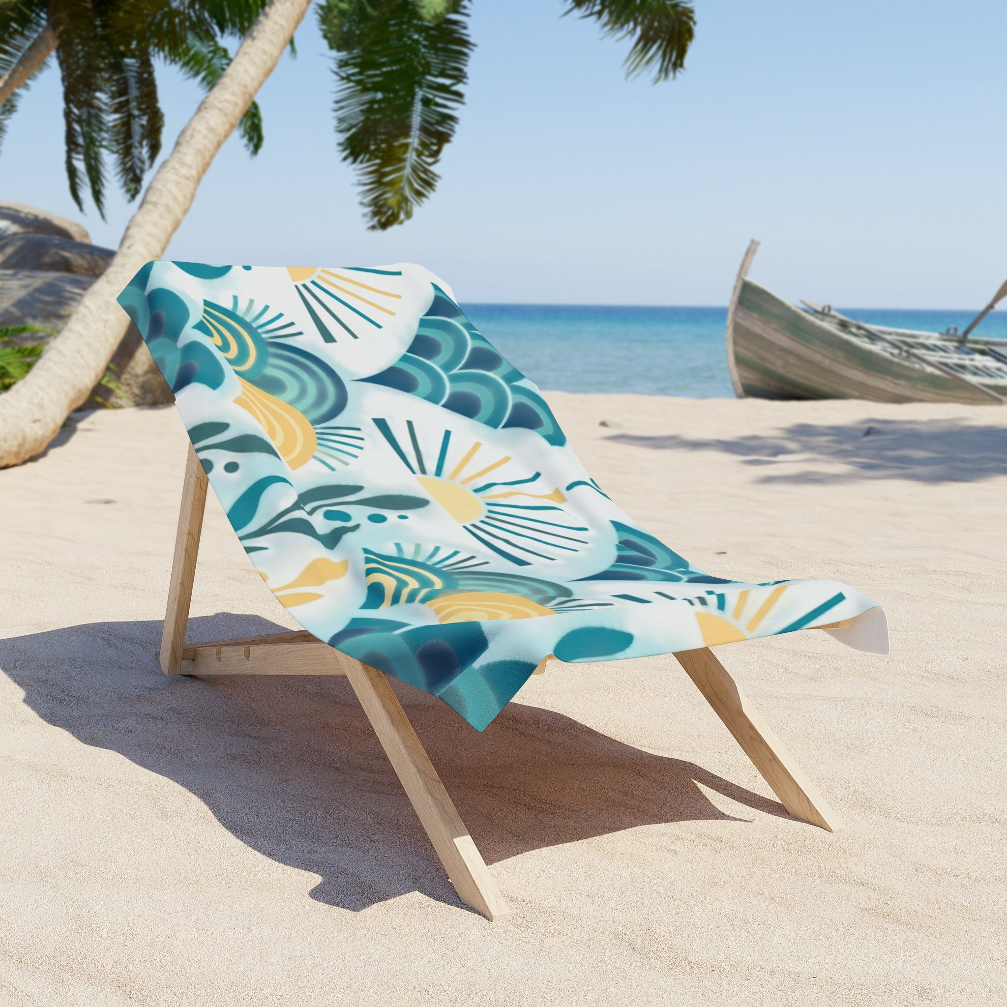Sunrise Waves Beach Towel — Teal & Mustard Coastal Pattern